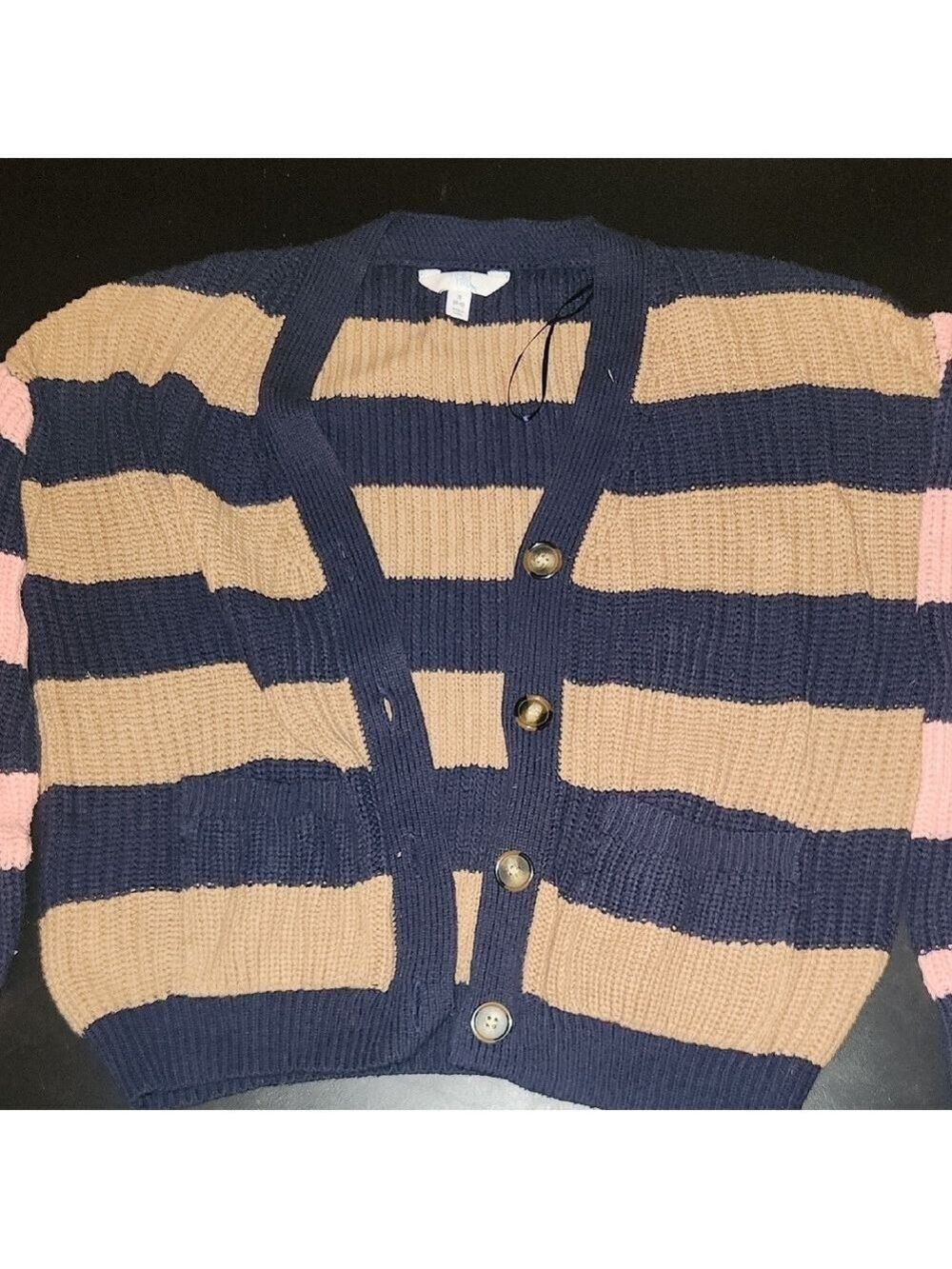 Navy and Tan Striped Classic Buttonup Small Casual Cardigan Sweater